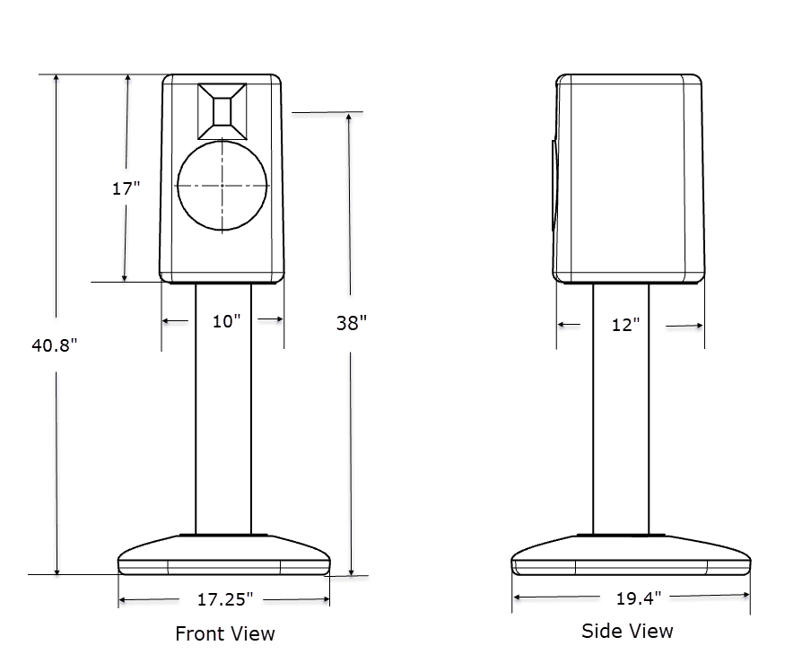 Arcus speaker dimensions — front and side views with stand